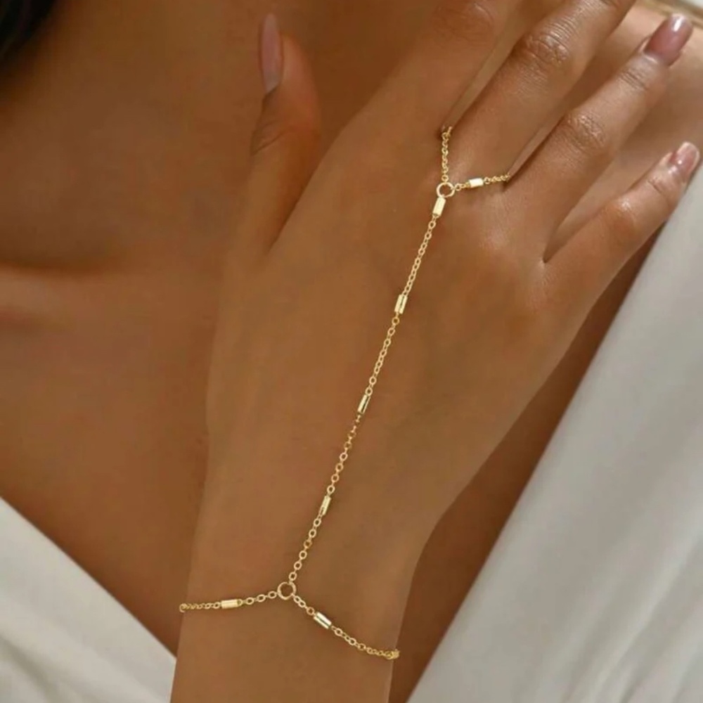 Gold Tone Hand Chain Bracelet Ring Adjustable Link Boho Statement Jewelry